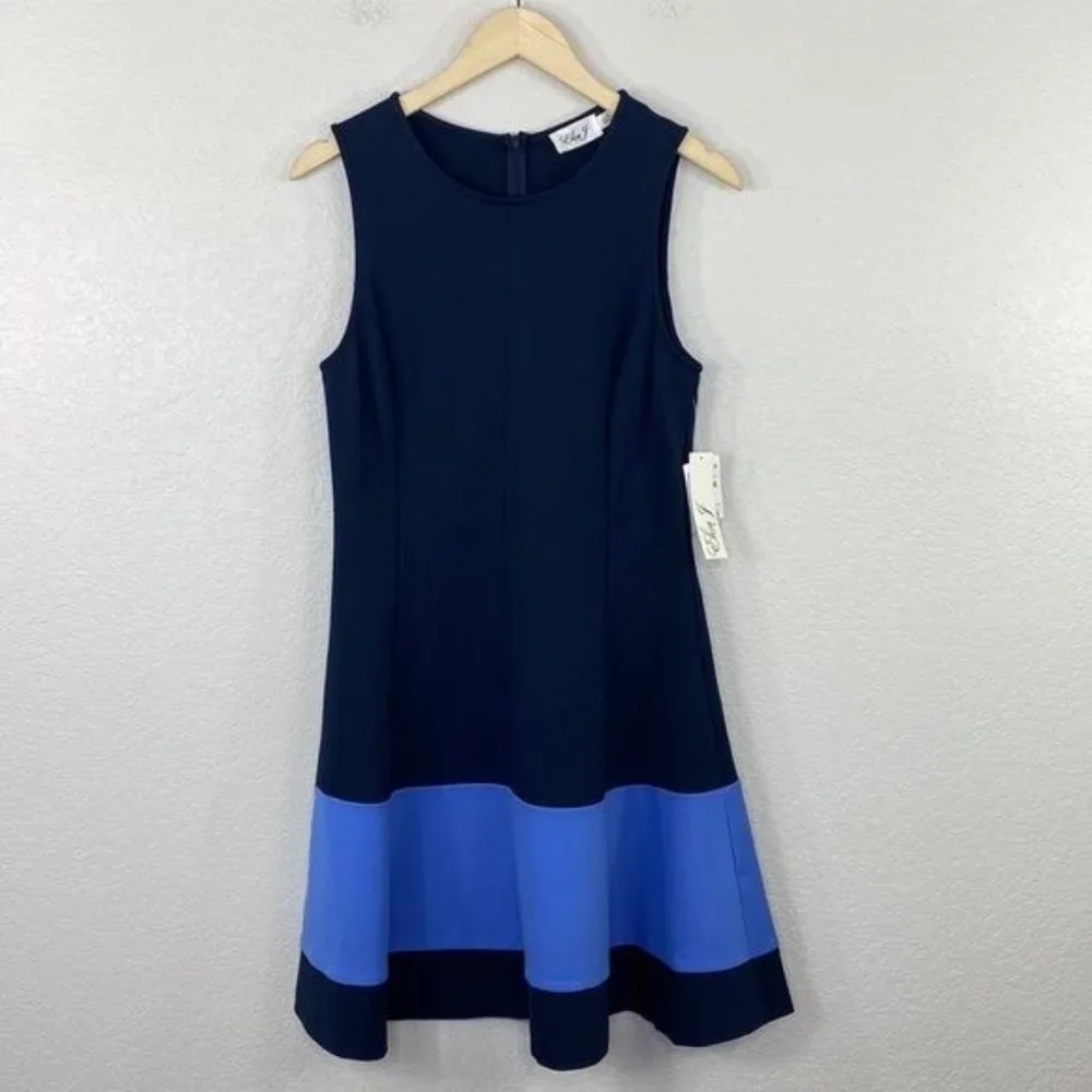 Eliza J NWT Fit to Flare Navy Color block Dress Size 10 - Picture 2 of 12